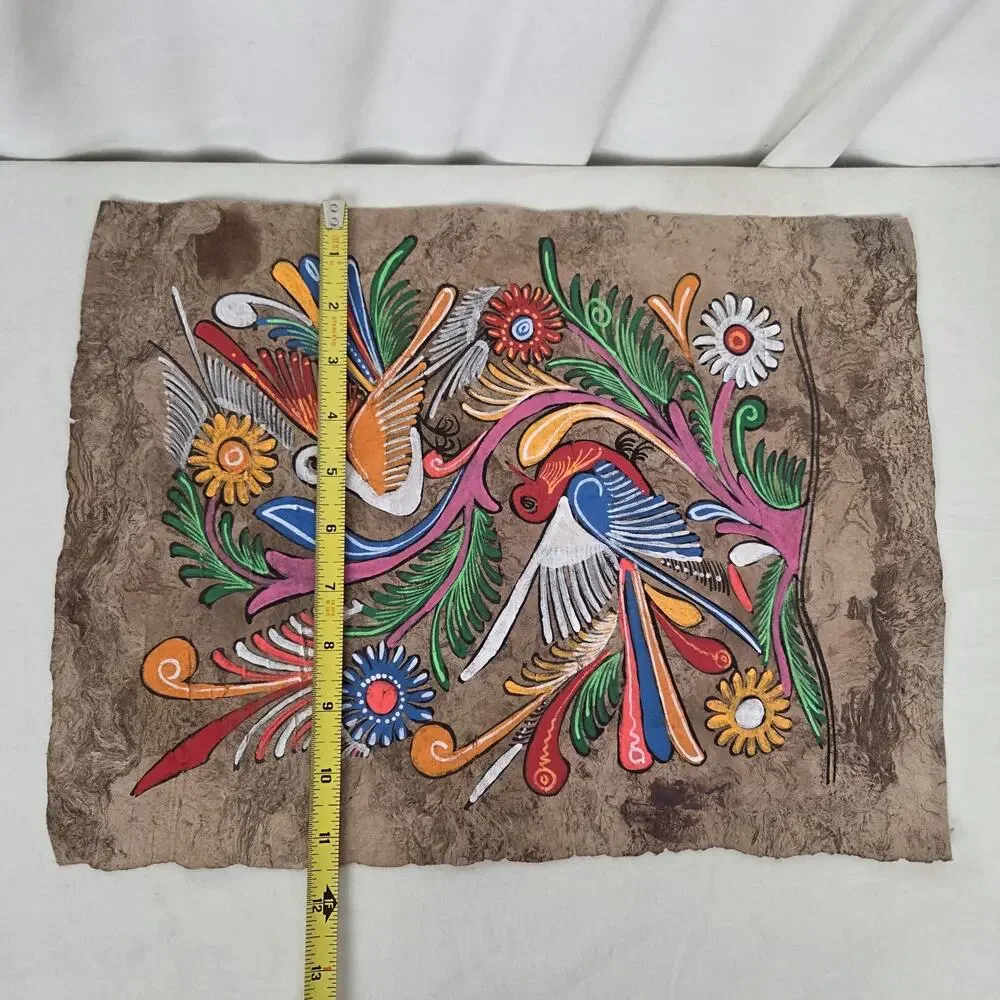 Mexican Hand Painted Folk Art Amate Bark Painting Colorful Birds Flowers Quetzal